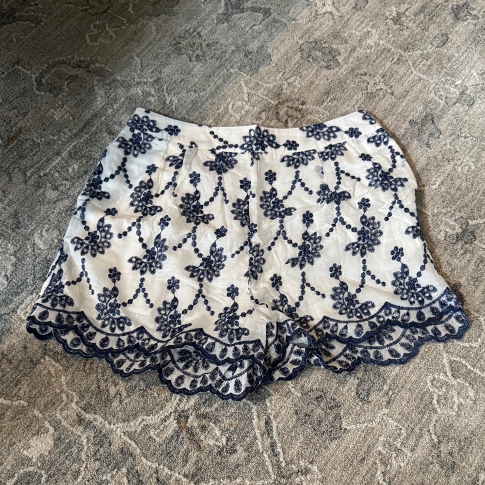 Aqua High Waist White and Blue Embroidered Shorts